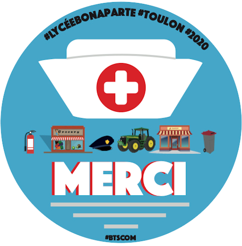 Logo de remerciements n°2 - Des pictogrammes représentants tous les métiers actuellement sollicités et le message merci
